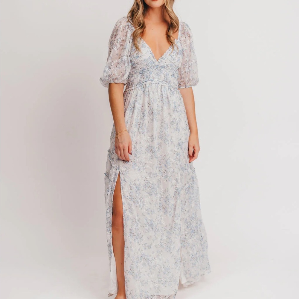 Soft Blue Floral Maxi Dress with V-Neck & Puff Sleeves